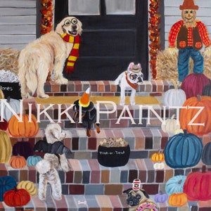 Puede incluir: Una pintura de un grupo de perros disfrazados con trajes de Halloween en un porche con calabazas y un espantap&aacute;jaros. Los perros llevan disfraces como una bruja, un mago, un pirata y un vampiro. El porche est&aacute; decorado con calabazas, calabacines y hojas de oto&ntilde;o. El espantap&aacute;jaros lleva una camisa a cuadros y un sombrero de paja.