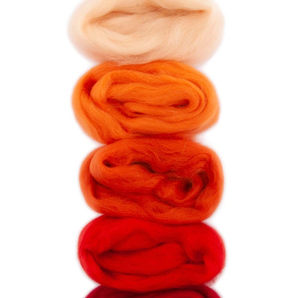 Merino color set roving wool ORANGE RED // Soft needle felting wool // Wool tops // Craft wool for needle felting weaving knitting color mix