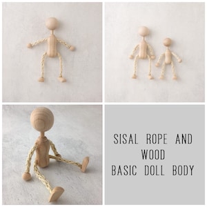 Basic doll body in sisal and wood  -  rope puppet with wooden parts - flexible rope figure with head arms legs feet