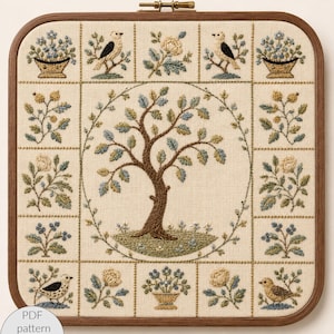 May include: A square embroidery hoop containing a piece of cream-coloured fabric with a central tree motif surrounded by a circular border. The surrounding grid features embroidered panels of birds, flowers in baskets, and floral sprigs in blue and gold.