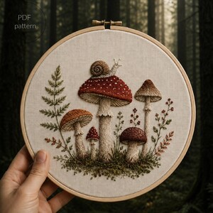 Può includere: Un telaio da ricamo contenente un pannello in tessuto con un disegno di vari funghi, una lumaca e felci. Il grande fungo rosso centrale presenta una lumaca sul cappello. Il design include toni terrosi di marrone, rosso e verde.