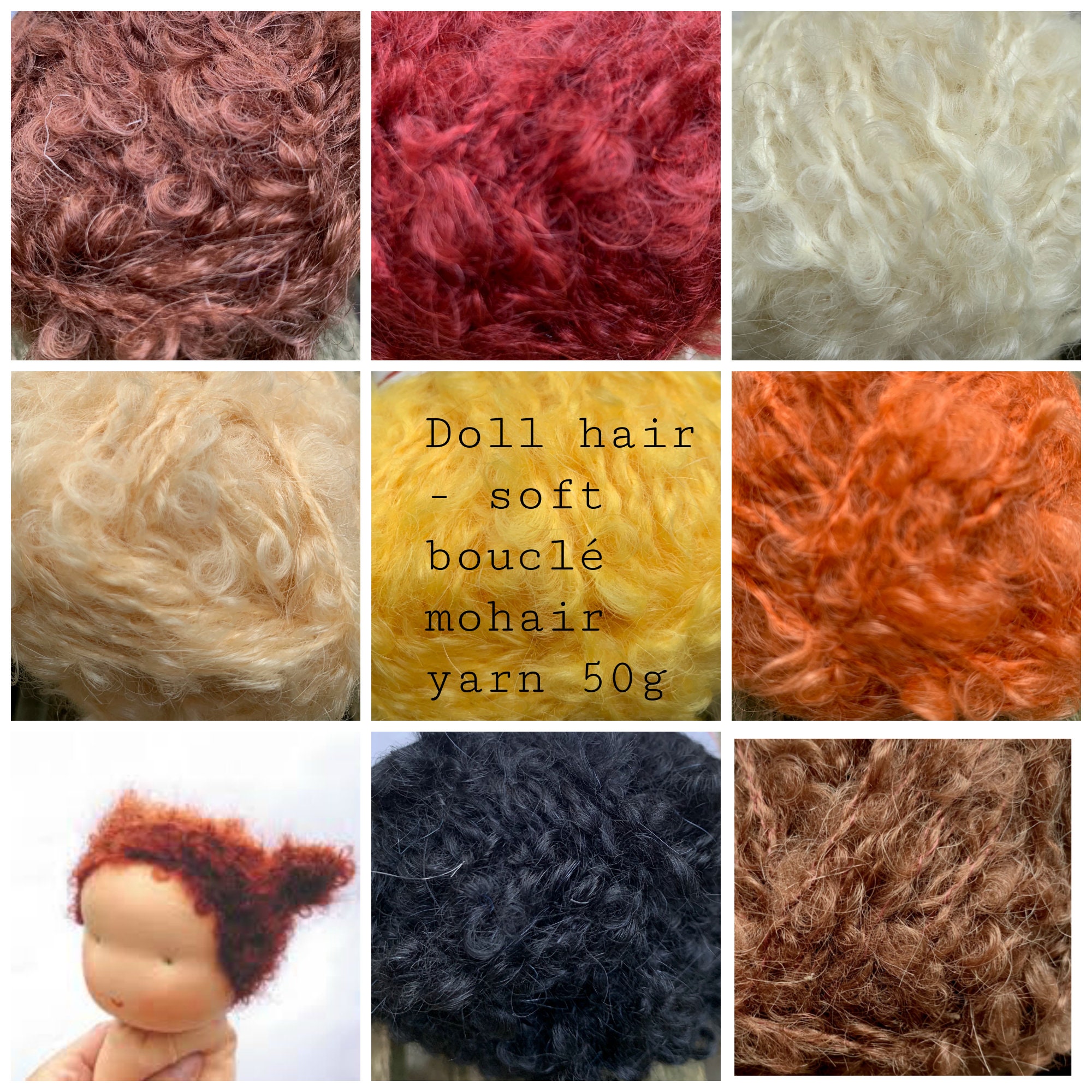 Light Weight Small Loop Boucle Mohair Yarn in Doll Hair Colors 3 Oz. Skein  