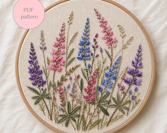Lupinen Wildblumen Stickmuster | Cottage Wiese Floral Hoop Art | Botanisches Blumenmuster | Wilde Lupinen | Bauerngarten