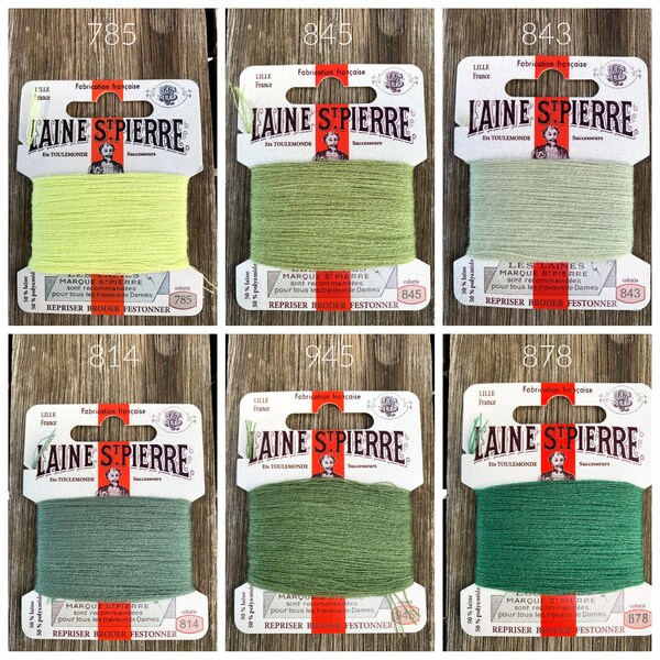Green darning wool - Embroidery wool floss - Hand embroidery wool cards Laine St Pierre moss pistachio green - French Hand Embroidery