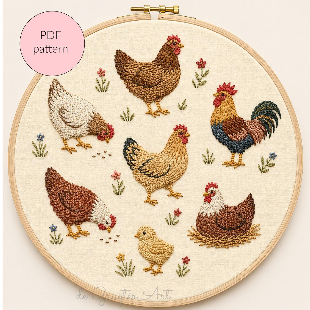 Chicken Embroidery Pattern PDF | Hen Rooster Chick Hoop Art | Rustic ...