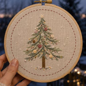 May include: A circular wooden embroidery hoop containing a beige fabric panel with a hand-stitched Christmas tree design. The tree features green pine branches, small pink and yellow floral accents, and a brown trunk, surrounded by white snowflake stitches.
