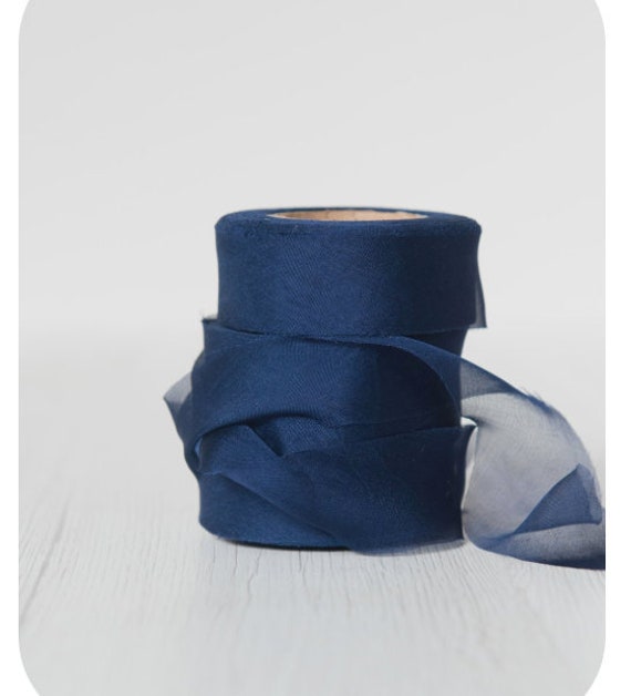 Night Blue Silk Chiffon Ribbon 2.5cm Width / Extra Light Bias Cut Silk  Ribbon / Dyeinghousegallery DHG / 100% Silk Chiffon / Color: Tuareg 