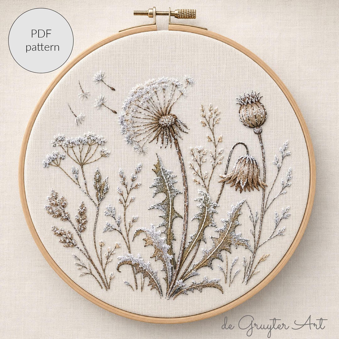 Frosted Dandelion Embroidery Pattern PDF | Winter Meadow Botanical Hoop ...