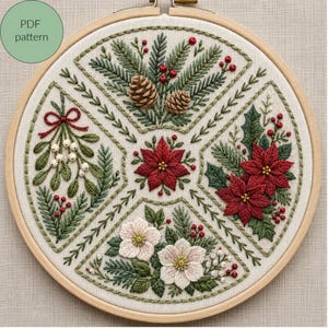 May include: A circular embroidery hoop containing a fabric panel with a segmented botanical design. The embroidery features pine branches with pinecones, mistletoe with a red bow, red poinsettias with holly, and white hellebore flowers.