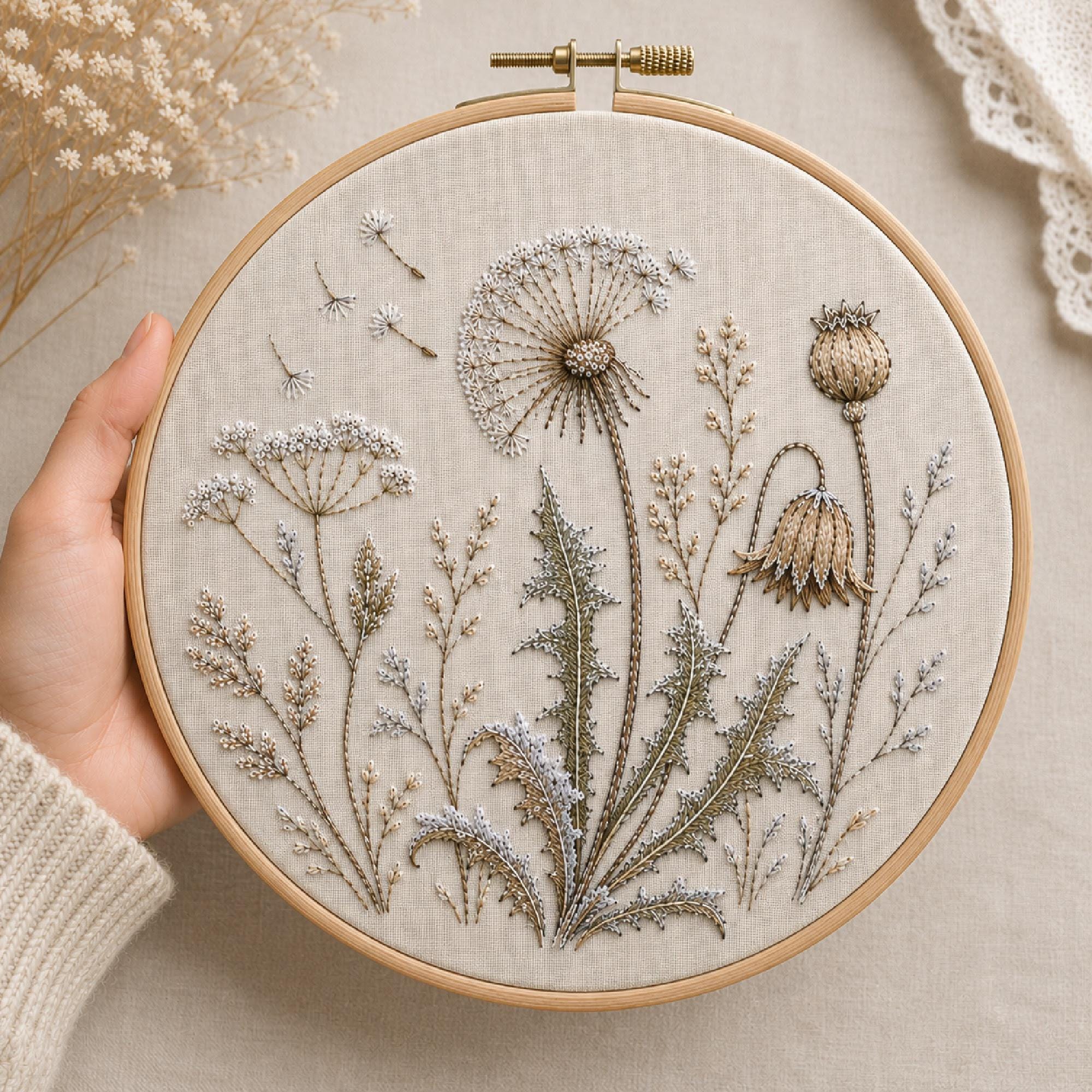 Frosted Dandelion Embroidery Pattern PDF | Winter Meadow Botanical Hoop ...