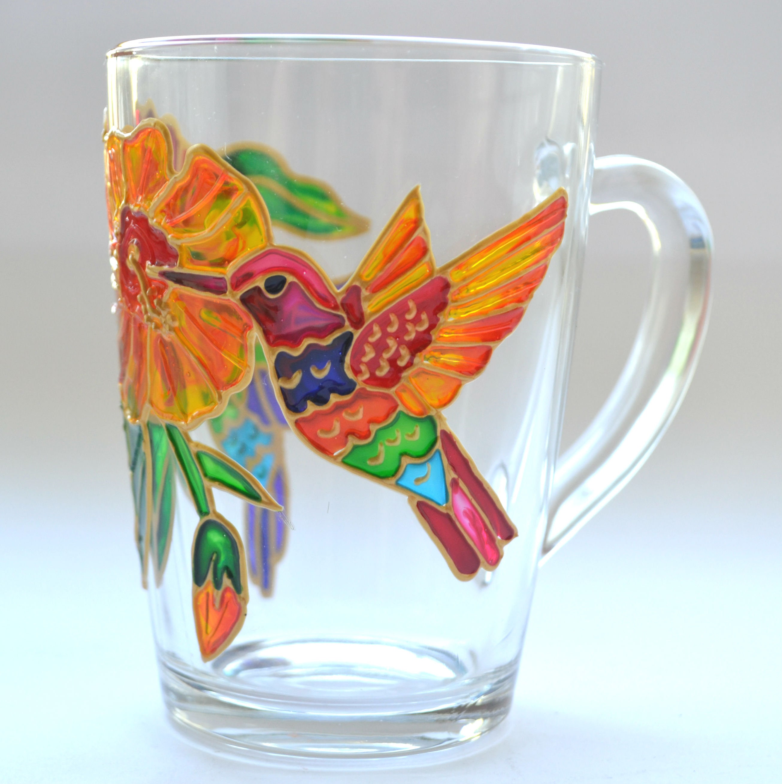 Humming Bird Painted Glass Mug Personalized Mug Colorful - Etsy
