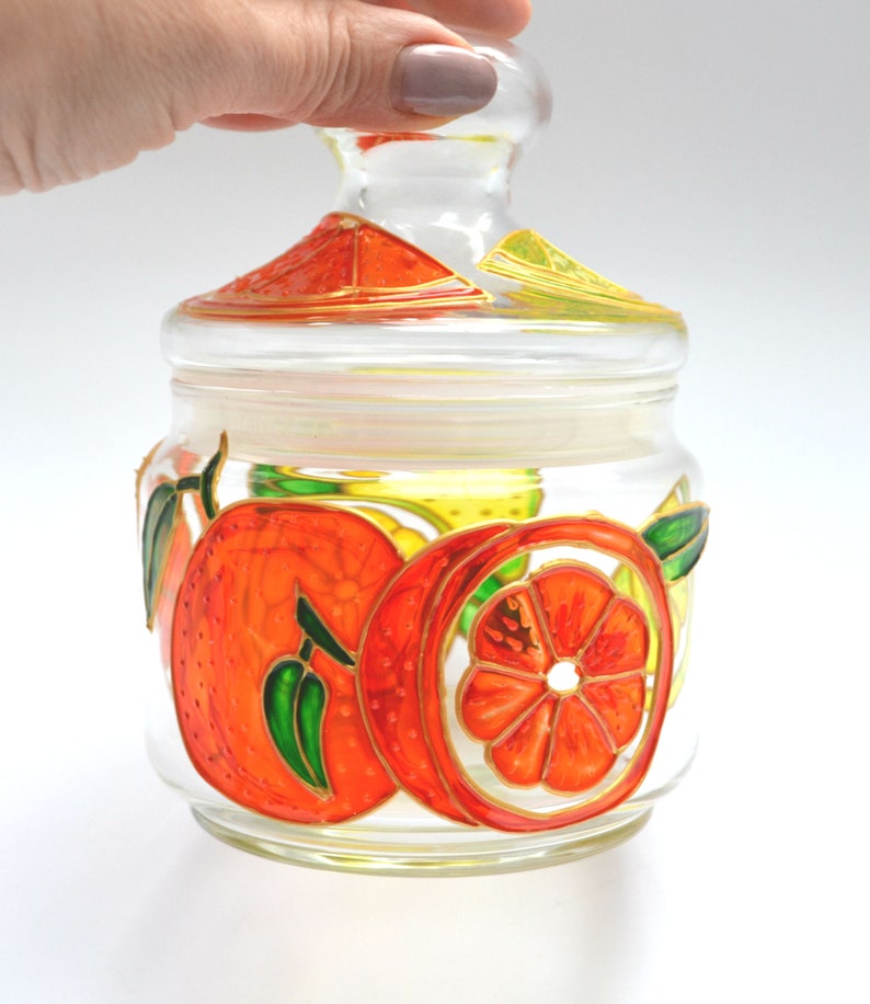 Painted Glass Cookie Jar With Orange Tea Coffee Sugar Etsy