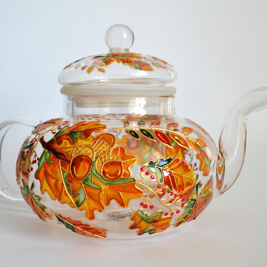 Fall Glass Teapot Fall Leaves Design Hand-painted Autumn Leaves Teapot ...