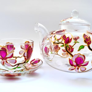 Tea set hand painted magnolia flowers Tea pot with infuser glass Tea Cup and Saucer flowers