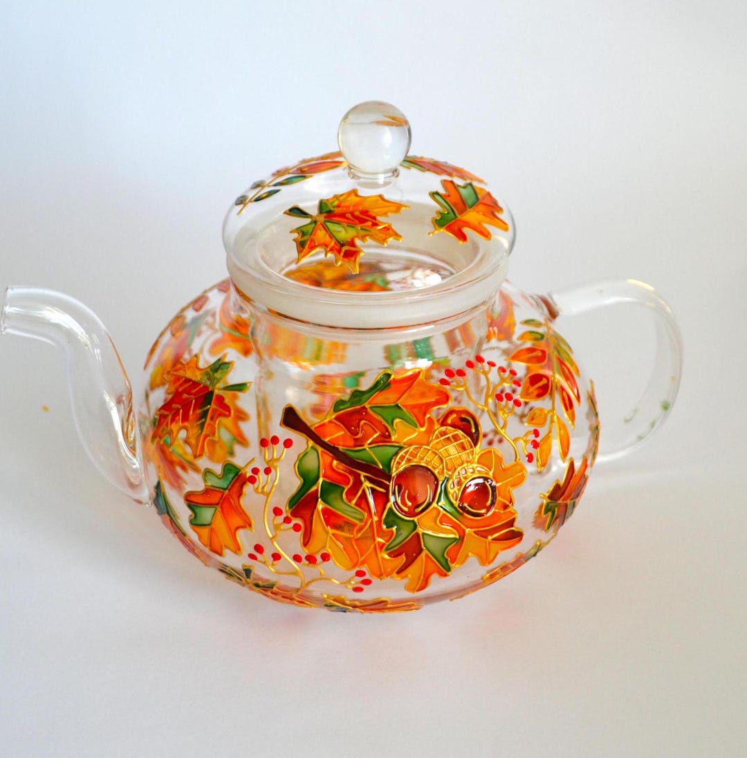 Fall Glass Teapot Fall Leaves Design Hand-painted Autumn Leaves Teapot ...