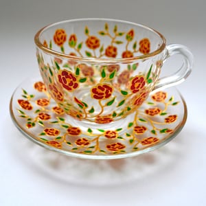 Tea Set Red RoseTea Cup and Saucer Painted glass mug Gift for mom