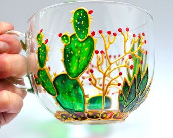 Cactus coffee mug Hand Painted glass mug Personalized mug Succulent gift mug