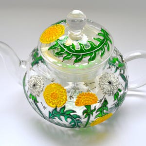 Dandelion flowers glass teapot with infuser Hand-painted
