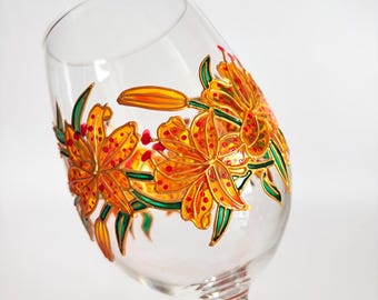 Hand painted wine glasses Orange tiger lily flowers