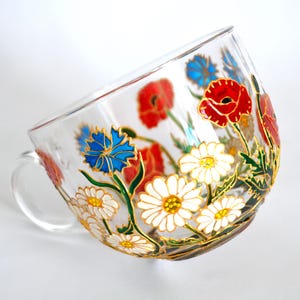 Hand-painted wildflower large glass coffee mug Chamomiles, poppies, and cornflowers