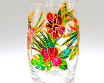 Hibiscus flowers Hand painted Stemless Wine glasses