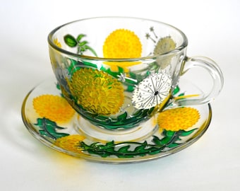 Tea set dandelion flowers Cup and Saucer Painted glass mug