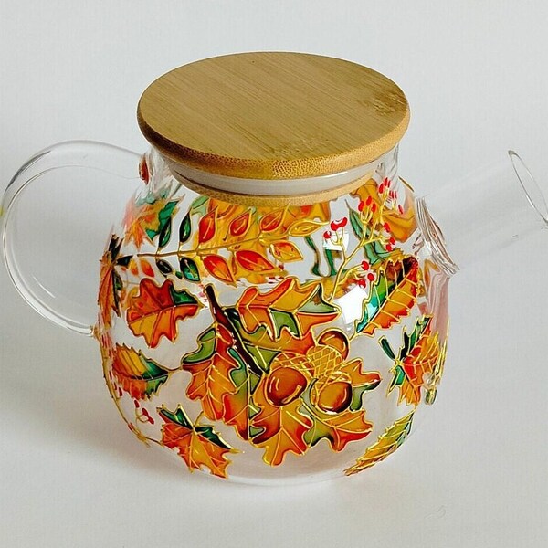 Glass teapot  Hand-painted Autumn leaves teapot