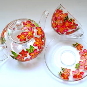 Tea set plumeria flowers hand painted Tea pot with infuser glass