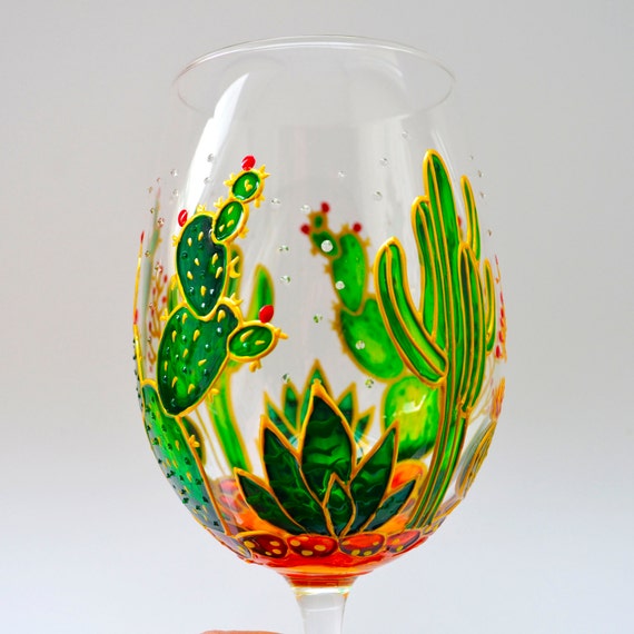 Cactus Stemmed Wine Glasses, Succulent Wine Glasses, Hand Painted