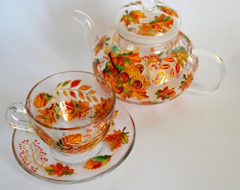 Handgeschilderd herfstglazen theeservies - theepot, kop en schotel