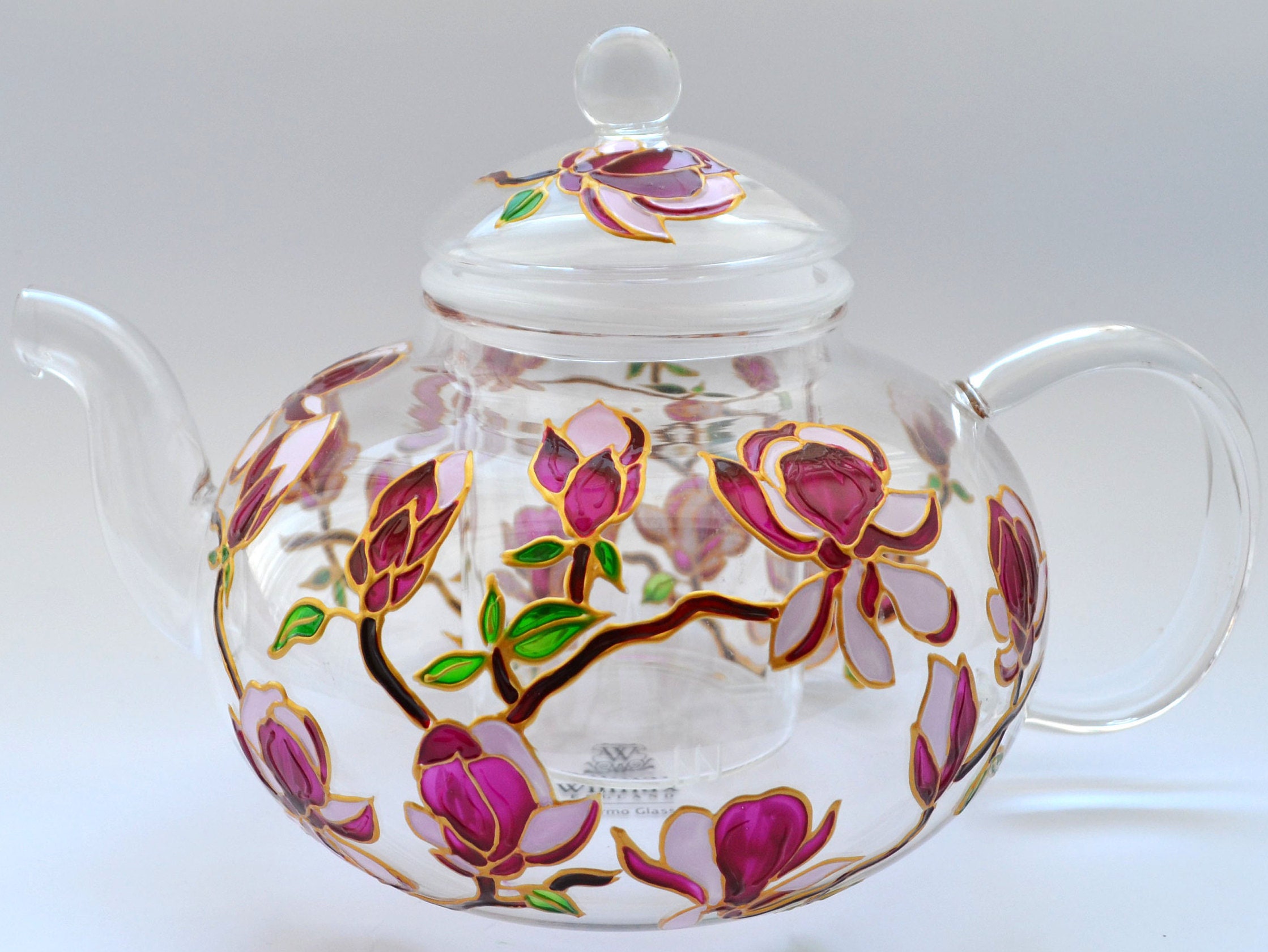 Tea pot with infuser glass Hand painted Flower teapot Etsy