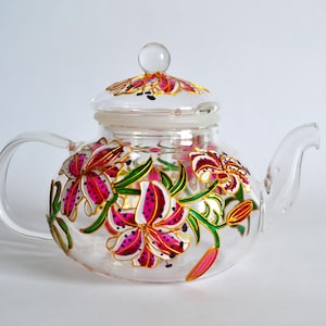 Hand-painted stargazer lily glass teapot Pink lily Mother's Day gift