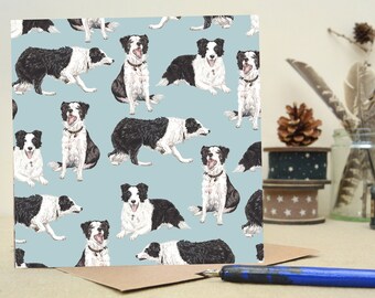 Collie Dog Pattern Square Greeting Card, Pets, Animal Lovers, Watercolour Illustration Art