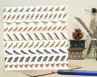 British Birds Pattern Blank Square Greetings Card,Robin, Wren, Blue Tit, Countryside, Nature Watercolour Illustration Art