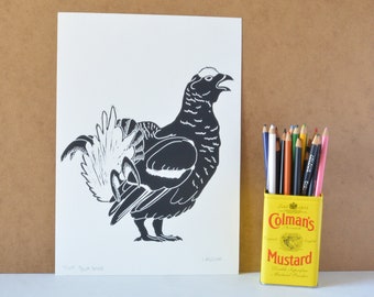 Linocut Black Grouse A4, Original Lino Print Illustration, Game Birds Art, Animal Artwork Wildlife, Country Home Decor, Scottish Bird