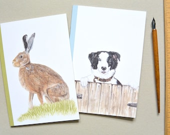 A5 Set of 2 Animal Notebooks, Lined Recycled Paper Hare and Border Collie Dog Farm Wildlife, Cute Gift, Stationery