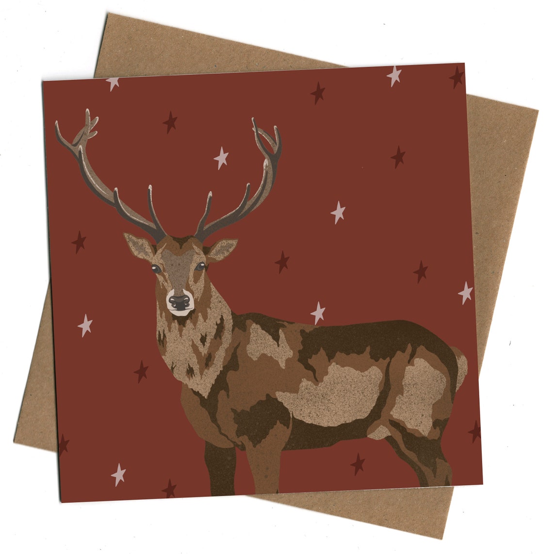 Red Deer and Stars Christmas Greeting Card Square Blank Wildlife Card
