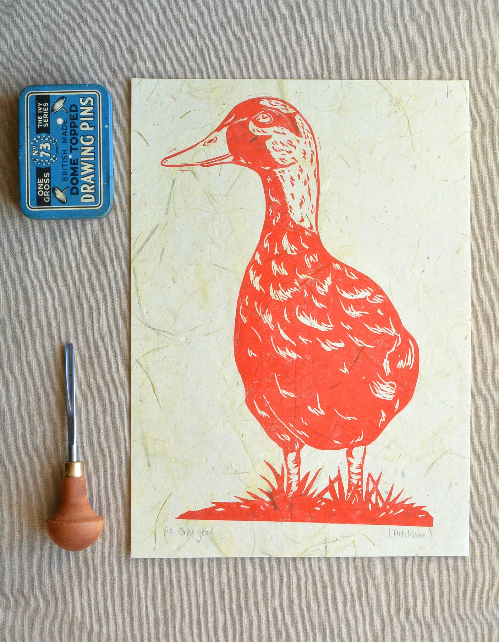 Red Linocut Duck Print on Handmade Paper Original Farm Animal Etsy