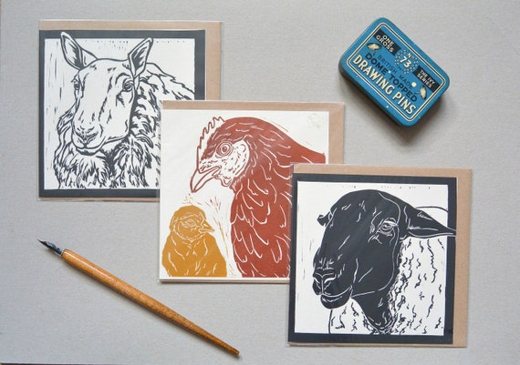 Sheep lino prints set of three