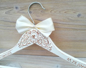 Bride dress hanger with name Bridal hanger Personalized  Custom bridal hanger Ivory Bridal dress hanger with monogram