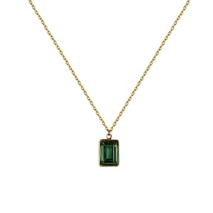 Vintage 1980's Gold Plated Emerald Green Swarovski Crystal Rectangle Pendant Chain Necklace
