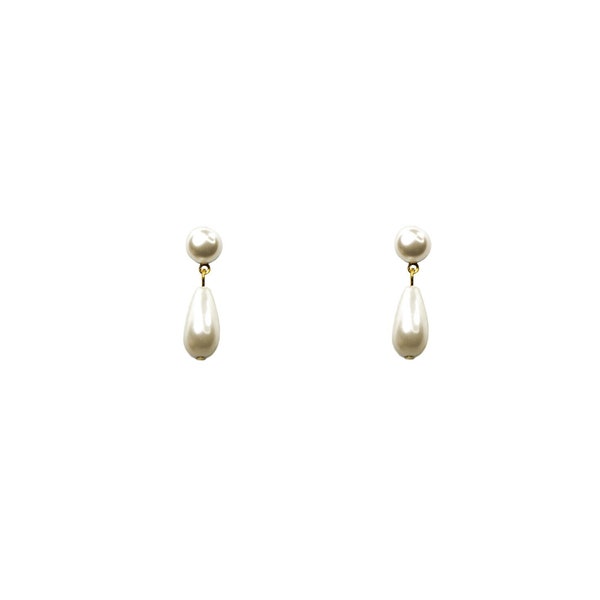 Vintage 1980's Gold Cream White Faux Pearl Teardrop Round Circle Classic Chic Dangle Drop Clip On Earrings