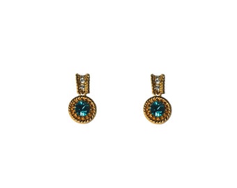 Vintage 1980's 22ct Gold Plated Teal Blue Clear Swarovski Crystal Round Twist Border Dangle Drop Studs Earrings