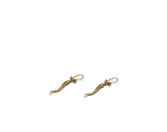 Double Gold Plated Wave Italian Horn Charm Cornicello Cornetto Good Luck Protection Amulet Dainty Dangle Drop Kidney Ear Wire Earrings