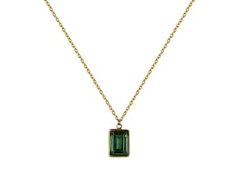 Vintage 1980's Gold Plated Emerald Green Swarovski Crystal Rectangle Pendant Chain Necklace