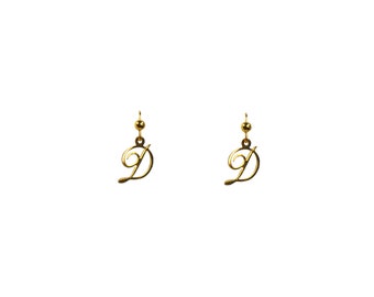 Vintage 1990's Gold Ornate Letter Initial D Small Lightweight Delicate Discreet Dangle Drop Hook Earrings