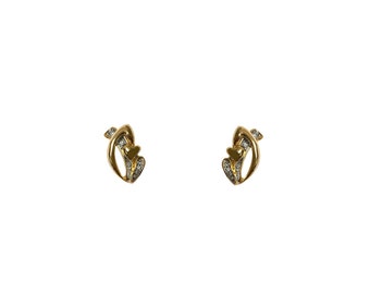 Vintage 1980's Gold Plated Clear Crystal Love Heart Fan Openwork Medium Studs Earrings Signed Geou Lih