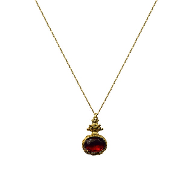 Vintage 1980's Art Nouveau Deco Style Red Ornate Elegant Statement Poison Bottle Pendant Necklace 18ct Gold Plated Chain