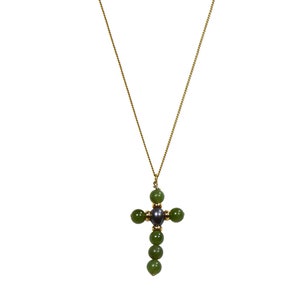 Gold PlatedGreen Jade Grey Pearl Crucifix Cross Necklace