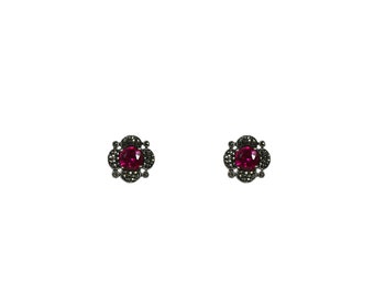 Vintage 1940's Sterling Silver Pink Garnet Grey Marcasite Round Floral Flower Small Clip On Earrings